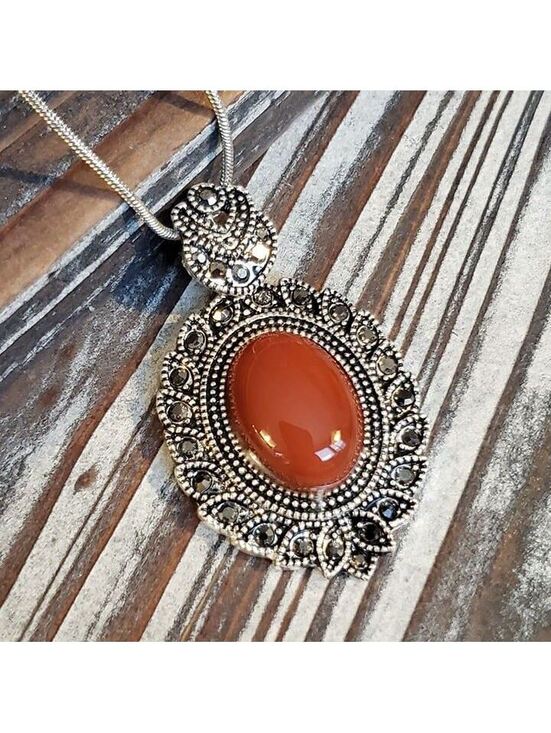 Jewelry - Red Carnelian Gemstone Victorian Necklace Silver Chain